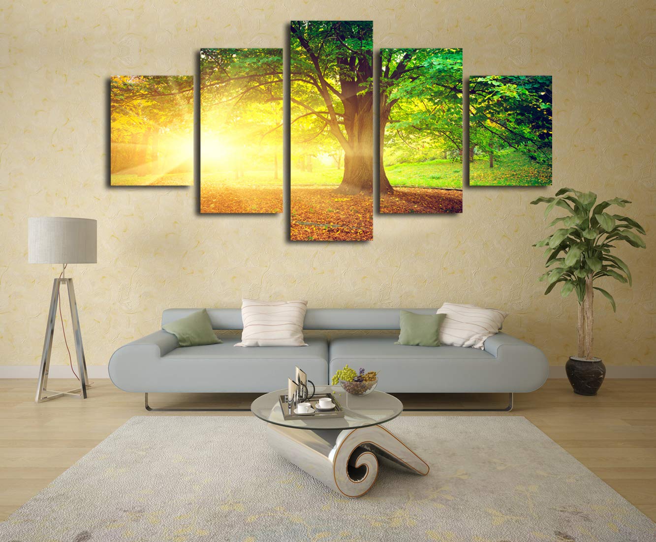 5-Panel Sunset Trees Canvas Wall Art - Framed Forest Print for Bedroom & Office Decor