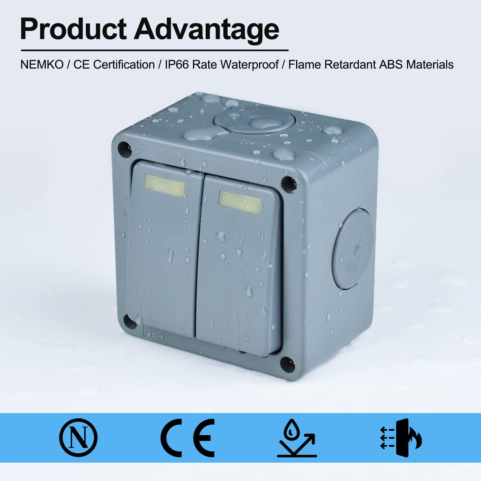 Waterproof Outdoor Light Switch - IP66 Rated 2 Gang 2 Way Dual SPDT Electrical Switch (82x82x51mm) - 10A 110-250V for Garden, Pool & Patio - Weatherproof Electrical Control for Outdoor Lighting, Water Features & Landscape Areas