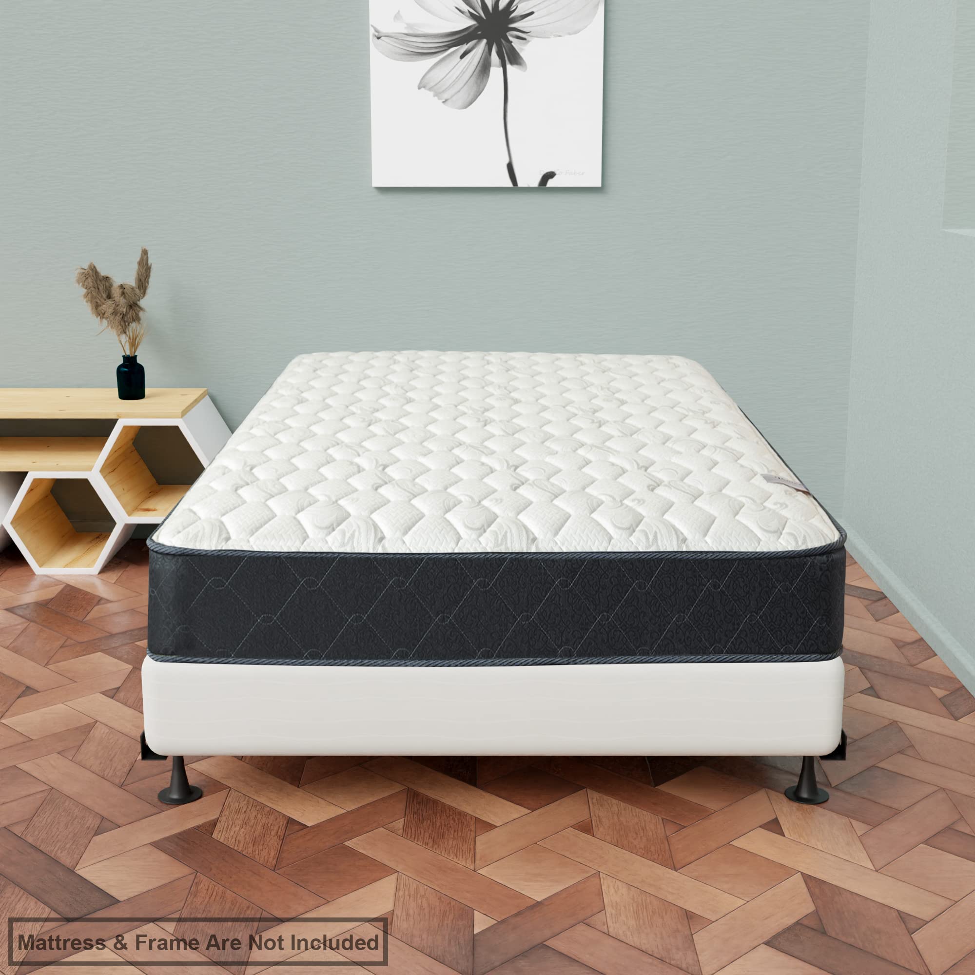 8-Inch Sturdy Box Spring Coil for Mattress Support - Durable & Easy Assemble Natural Wood Foundation - Full Size Bed Frame - Perfect for Guest Rooms, Dorms & Home Use (White)