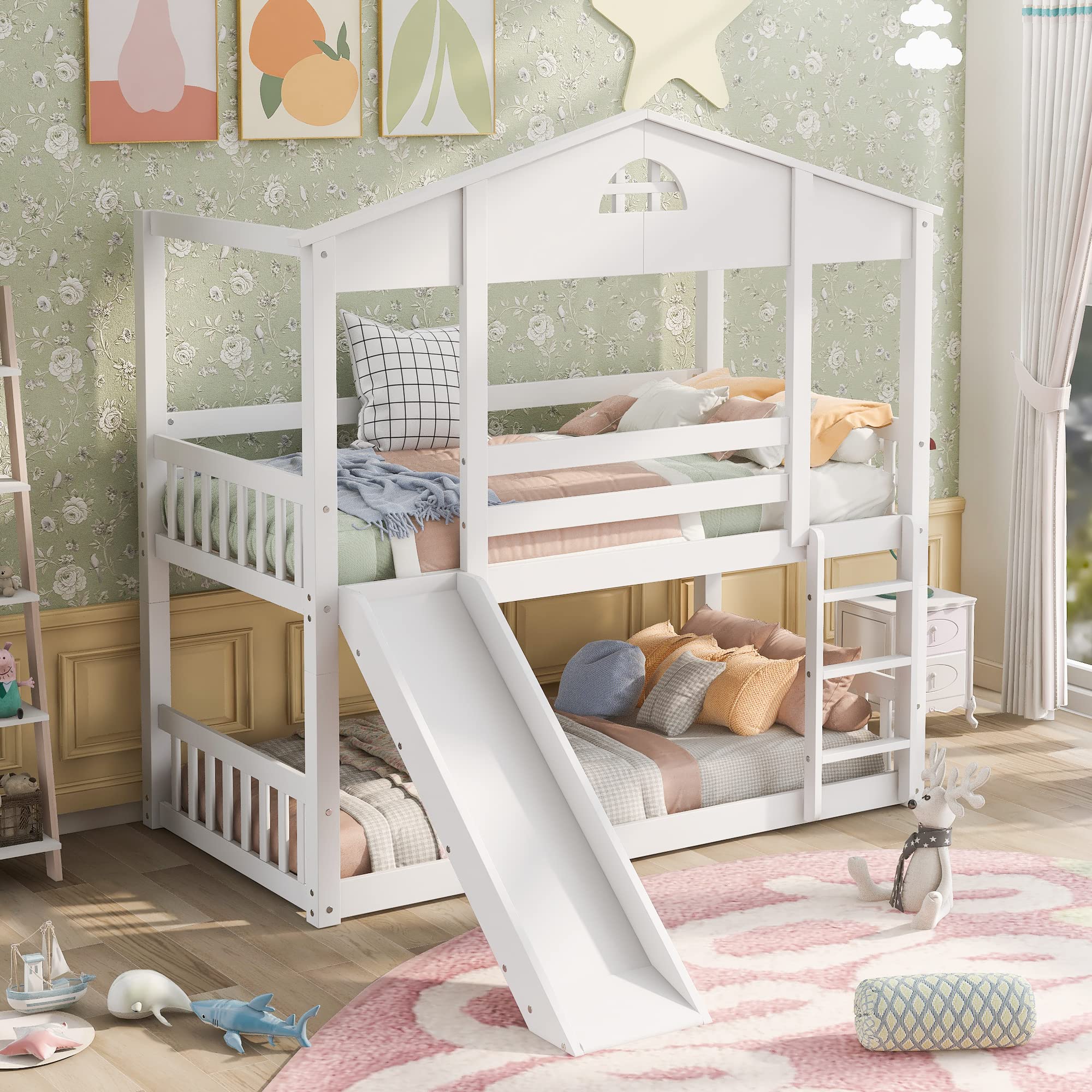 LZ LEISURE ZONE Twin Over Twin Bunk Bed with Convertible Slide & Ladder - White Space-Saving Kids Bunk Bed Frame Converts to 2 Separate Twin Platform Beds - Perfect for Small Bedrooms, Shared Kids Rooms & Vacation Homes