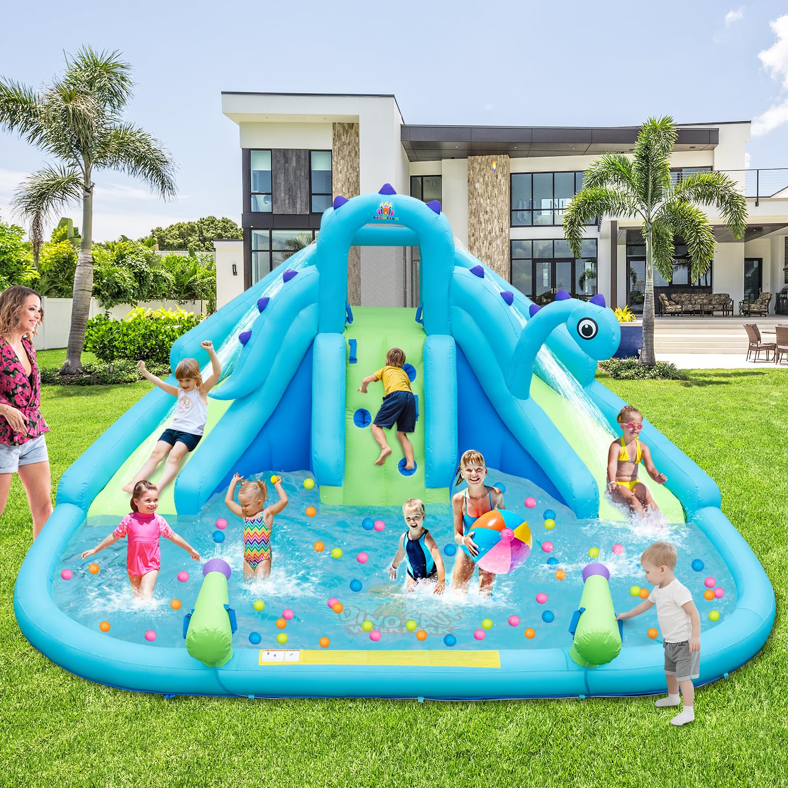 **HONEY JOY Inflatable Water Slide with Dual Slides & Splash Pool - Dinosaur Bounce House for Kids & Adults - Backyard Water Park for Summer Fun, Outdoor Party, and Family Gatherings (Blower Not Included)**