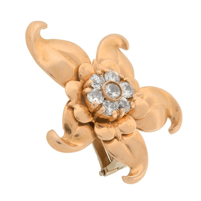 Vintage 14K Gold Diamond Starfish Flower Clip-On Earrings - Elegant Jewelry for Women, Perfect for Weddings, Parties & Special Occasions