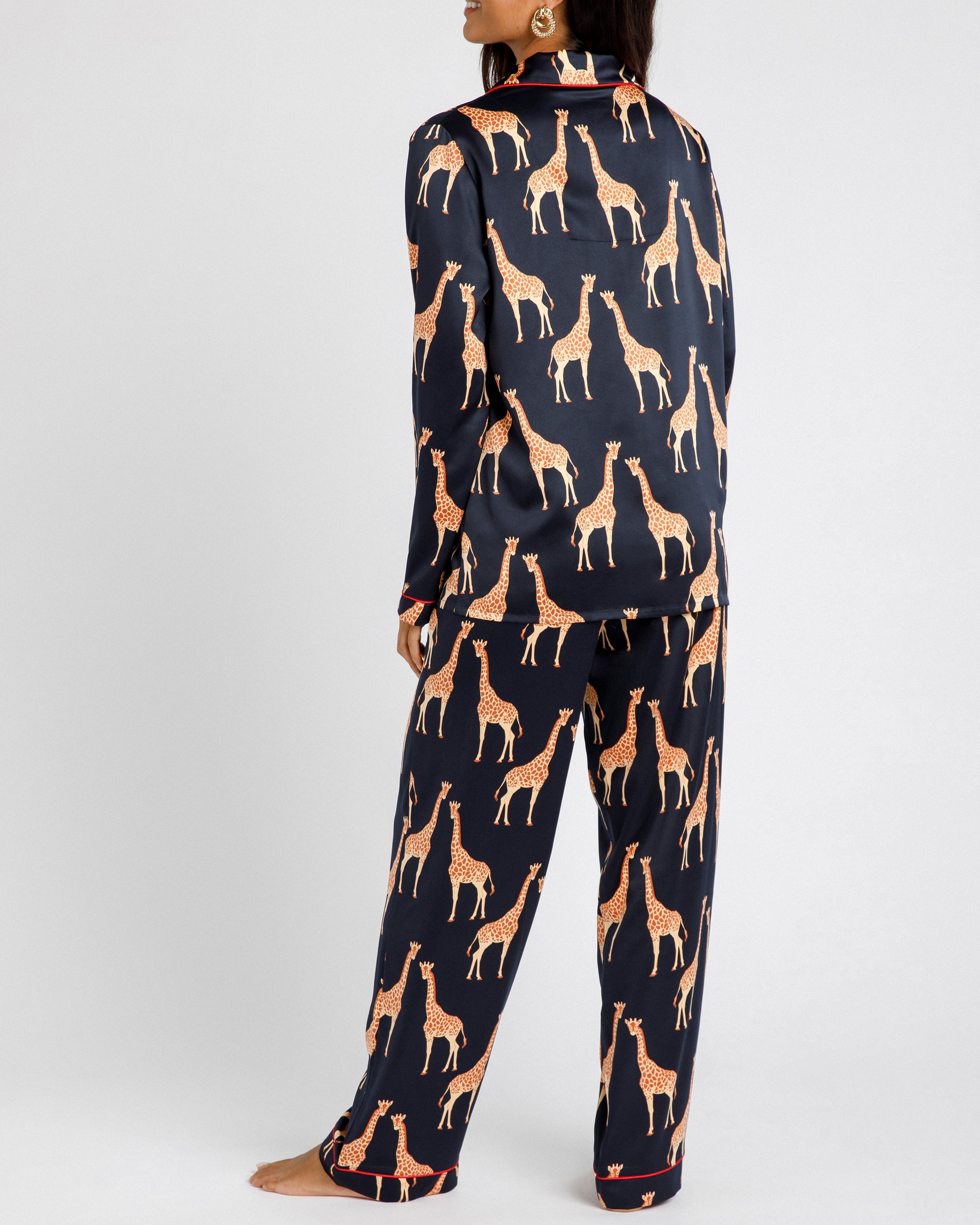 Satin Giraffe Print Long Pajama Set for Women - Soft & Comfortable Sleepwear - Navy Blue Animal Print Pajamas for Lounge, Sleep & Relaxation at Home