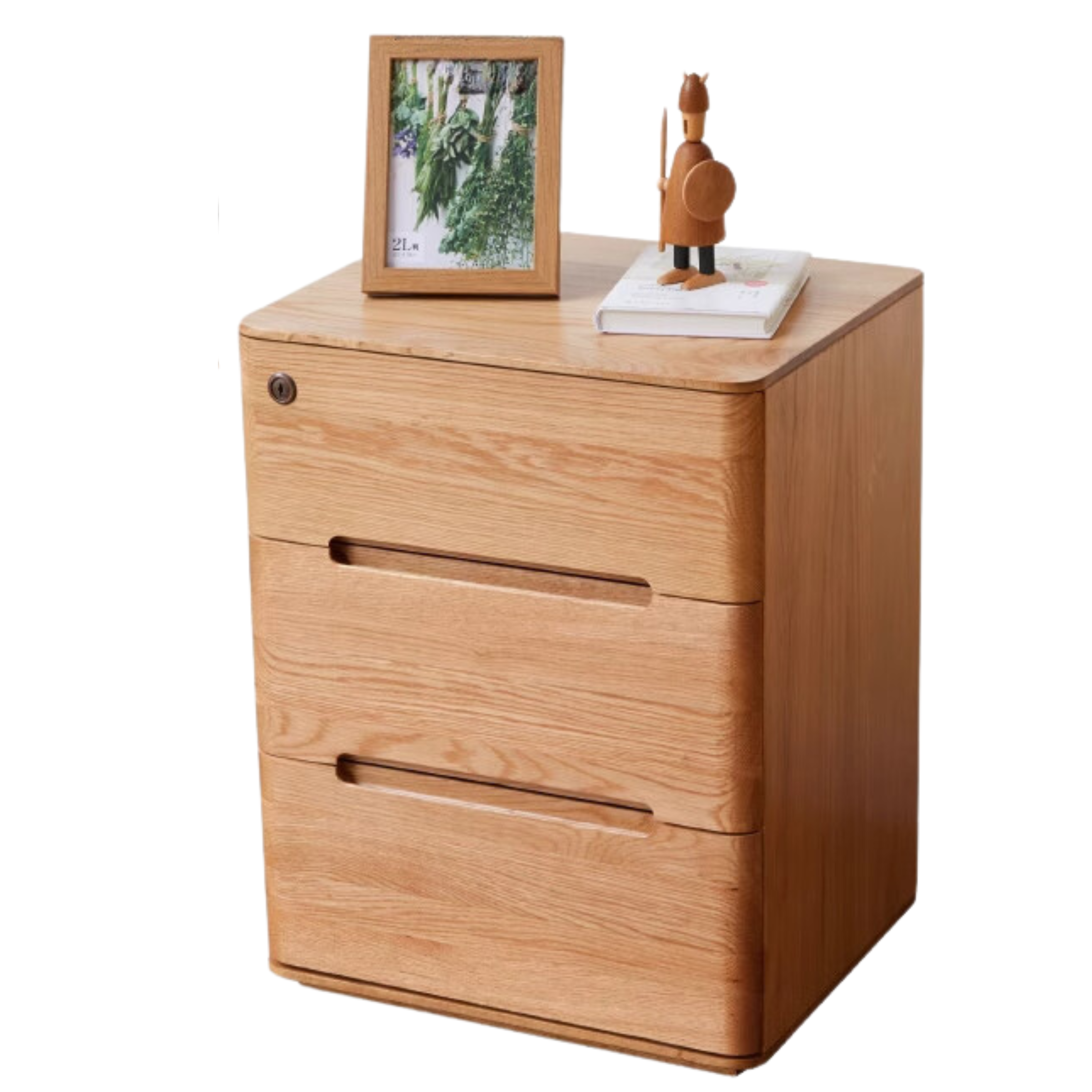 Solid Oak Wood 3-Drawer Nightstand with Lock - Bedside Table for Bedroom, Living Room & Office Storage
