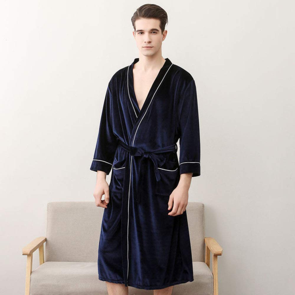 AAJIA Men's Winter Velvet Bathrobe - Soft Kimono Nightshirt & Sleepwear for Autumn/Winter, Plus Size Velour Robe, Navy Blue - Cozy Home & Lounge Wear for Relaxation