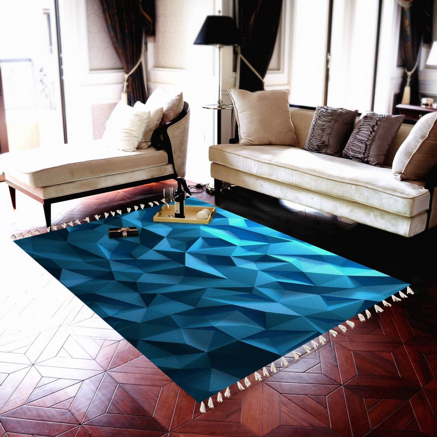 Boho Blue Triangle Geometric Crystal Area Rug - Linen Carpet for Patio, Hallway Runner, Living Room, Bedroom & Outdoor Decor | Minimalist Home Design for Boho Chic & Modern Spaces