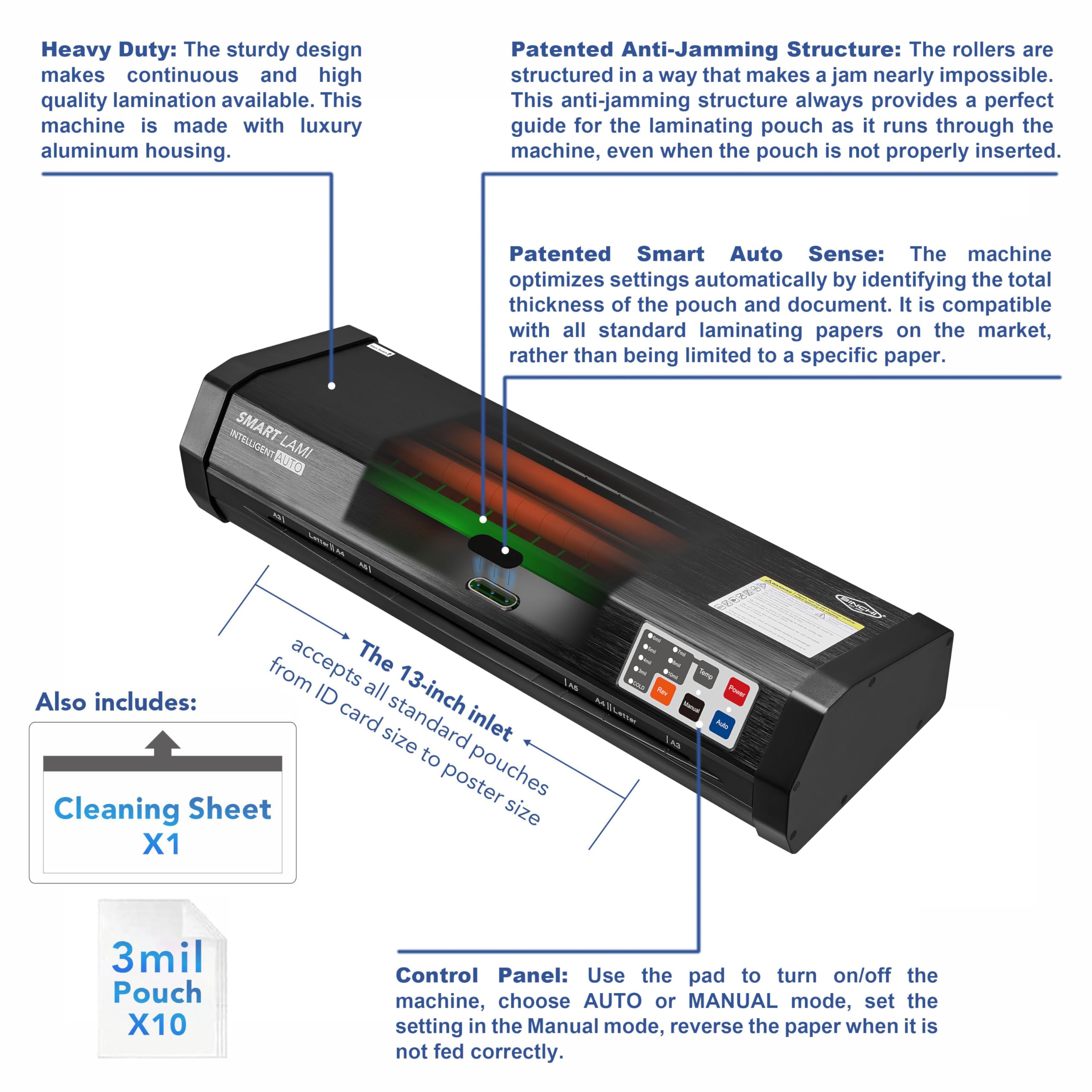 SINCHI Auto Sense 13-inch Thermal Laminator Machine - 3-10 mil Lamination, 50-Second Warm Up, 40 Inches/Minute, Jam-Free Heavy Duty Design - Perfect for Office, School, Home & Craft Projects (11x17 Inches)
