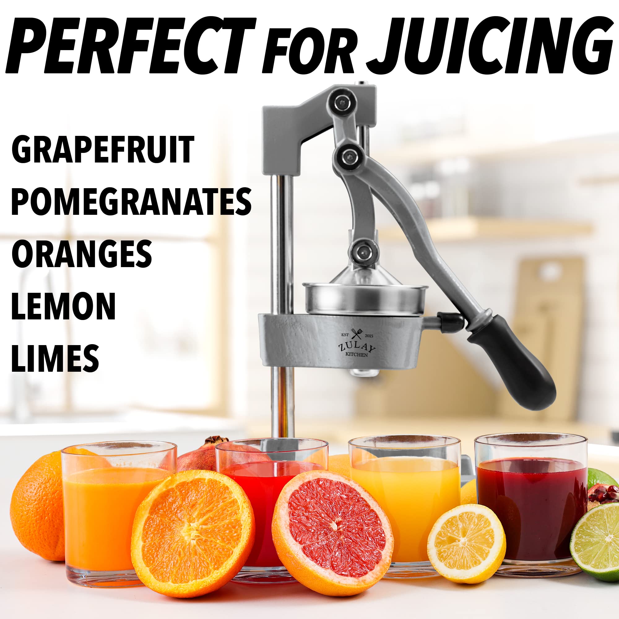 Zulay Kitchen Heavy-Duty Cast Iron Citrus Juicer - Professional Manual Orange & Lemon Squeezer with Stainless Steel Press - Easy to Clean, Durable for Fresh Juice - Perfect for Home Bars, Restaurants & Healthy Breakfasts (Gray)