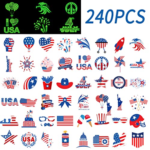 Glow in The Dark Patriotic Tattoos for Kids - 48 Independence Day Tattoo Designs for 4th of July Party Decorations, Favors & Supplies - Perfect for Independence Day Celebrations, Backyard BBQs and Firework Shows