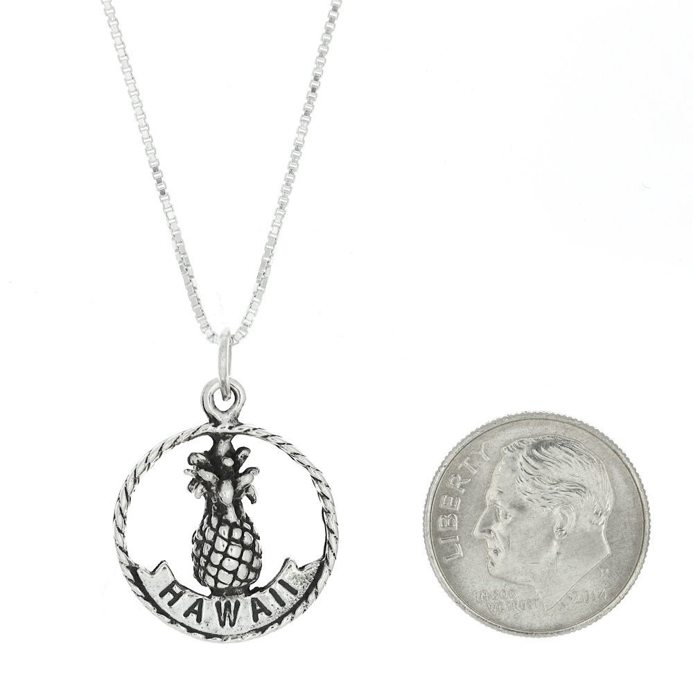Sterling Silver Oxidized Double Sided Hawaiian Aloha Pineapple Charm Pendant with 18