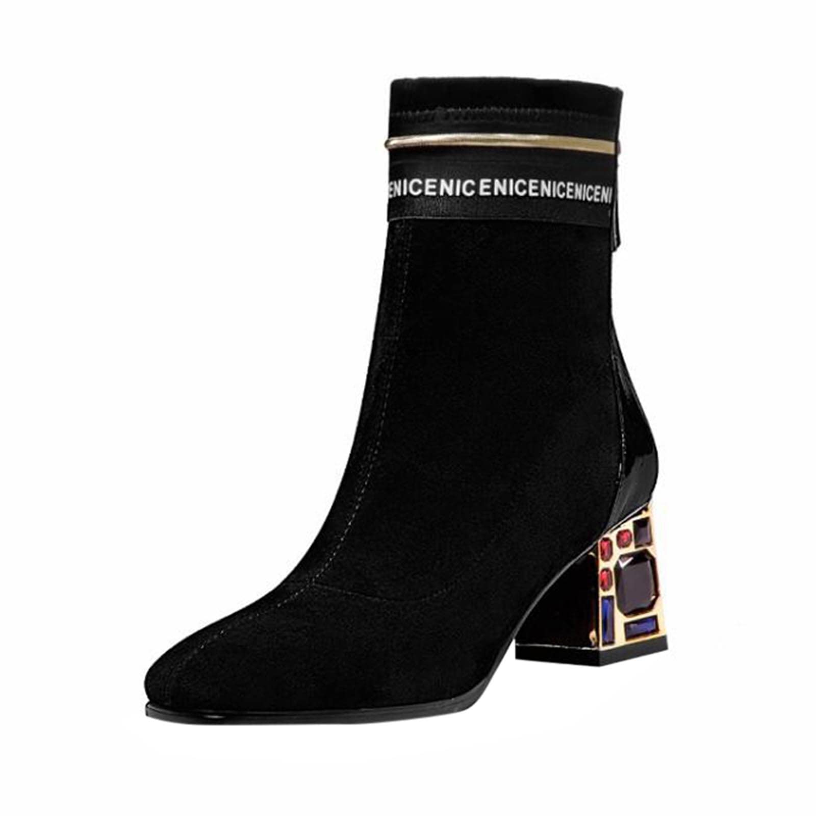 Stylish Black Ankle Boots for Women - Pointed Toe Rhinestone Cargo Boots with Chunky Heel & Side Zipper | Perfect for Casual Outfits, Night Out & Fall/Winter Fashion