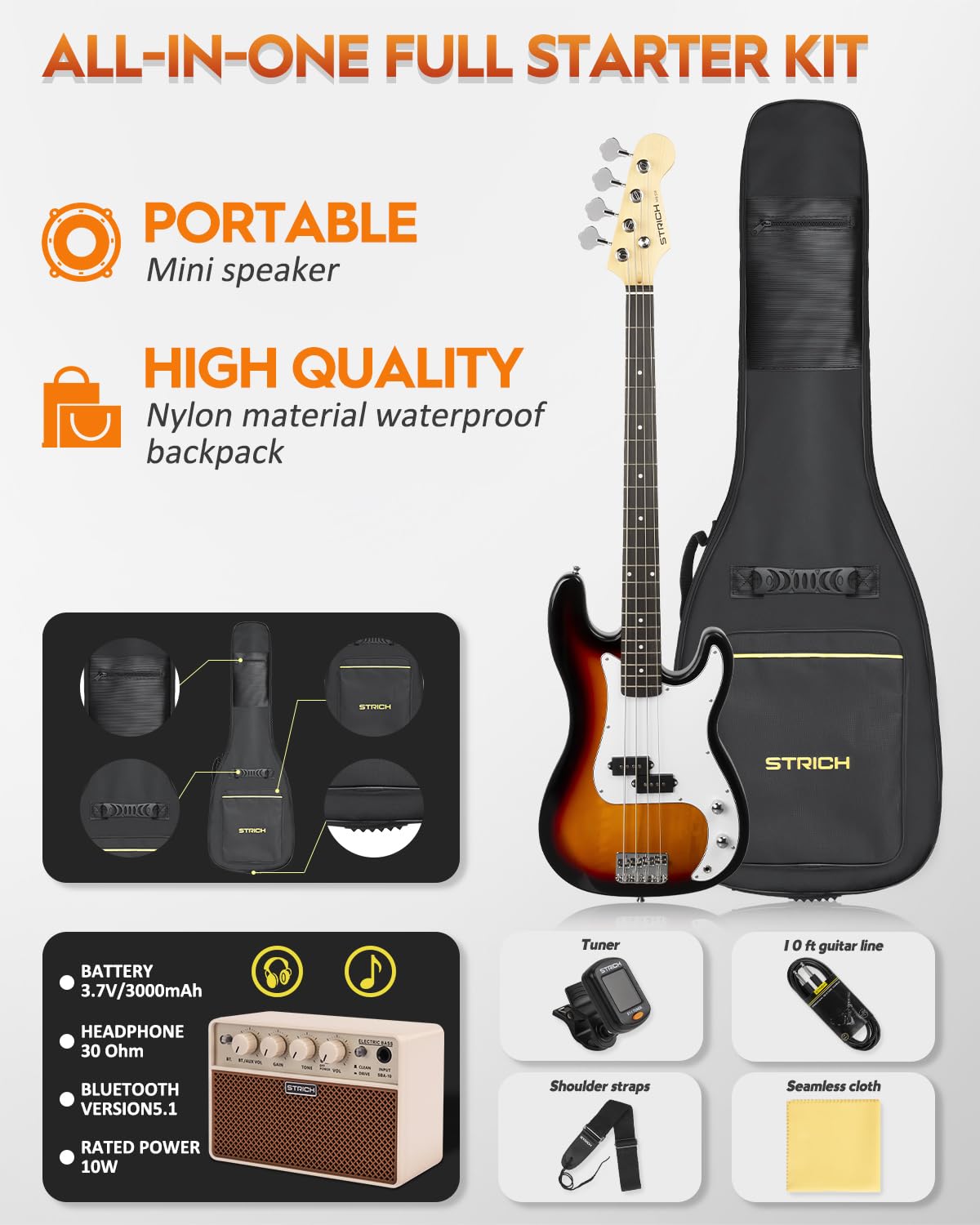 STRICH 4-String Electric Bass Guitar Full Size Beginner Kit - PB-Style Standard Bass with 20W Amp, Gig Bag, Tuner, Strap & Cable (SPB-S10 Sunburst) - Perfect for Beginners, Practice Sessions & Live Performances