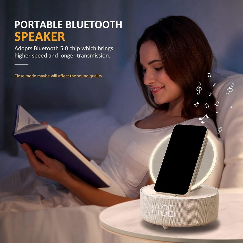6-in-1 Wireless Charging Station with Alarm Clock, Bluetooth Speaker, Fast Qi Charger for iPhone & Android - Perfect for Bedroom, Office & Nightstand Charging