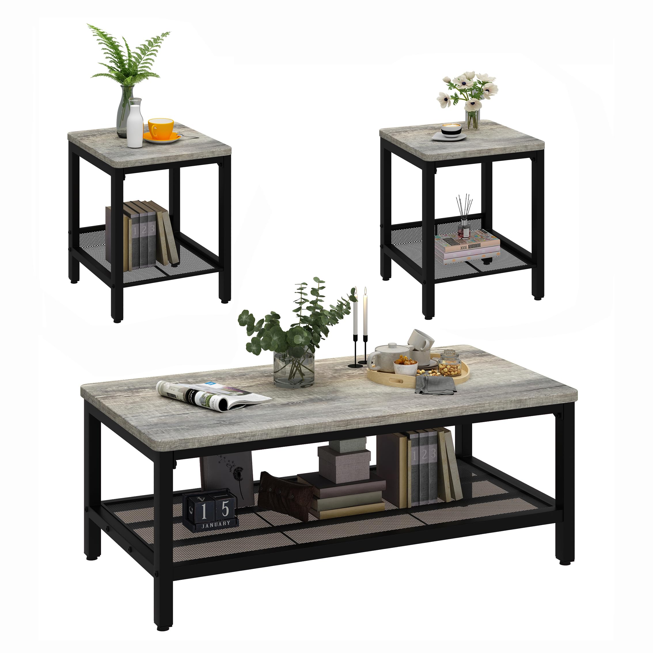 AWQM 3-Piece Industrial Coffee Table Set with 2 Square End Tables - Modern Metal Frame Living Room Furniture for Apartment & Home Office - Grey - Perfect for Small Spaces, Entertaining Guests & Cozy Nights