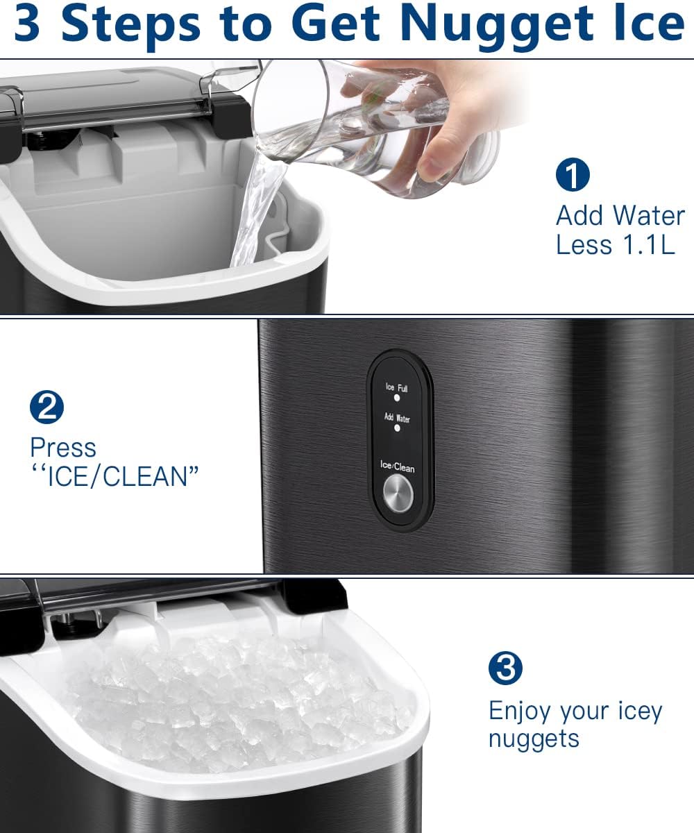 Kndko Countertop Nugget Ice Maker - Portable Crushed Pebble Ice Machine with Self-Cleaning & One-Click Operation, Produces 35Lbs/24H Soft Chewable Ice in 6 Mins - Includes Ice Scoop for Home, Bar, Camping, RV & Office Use