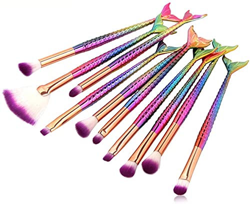 Simxen 10-Piece Professional Mermaid Makeup Brush Set for Eyeshadow, Concealer, Eyeliner & Eyebrow Blending - Perfect for Makeup Artists & Beauty Enthusiasts (Home Use, Travel, Gift)