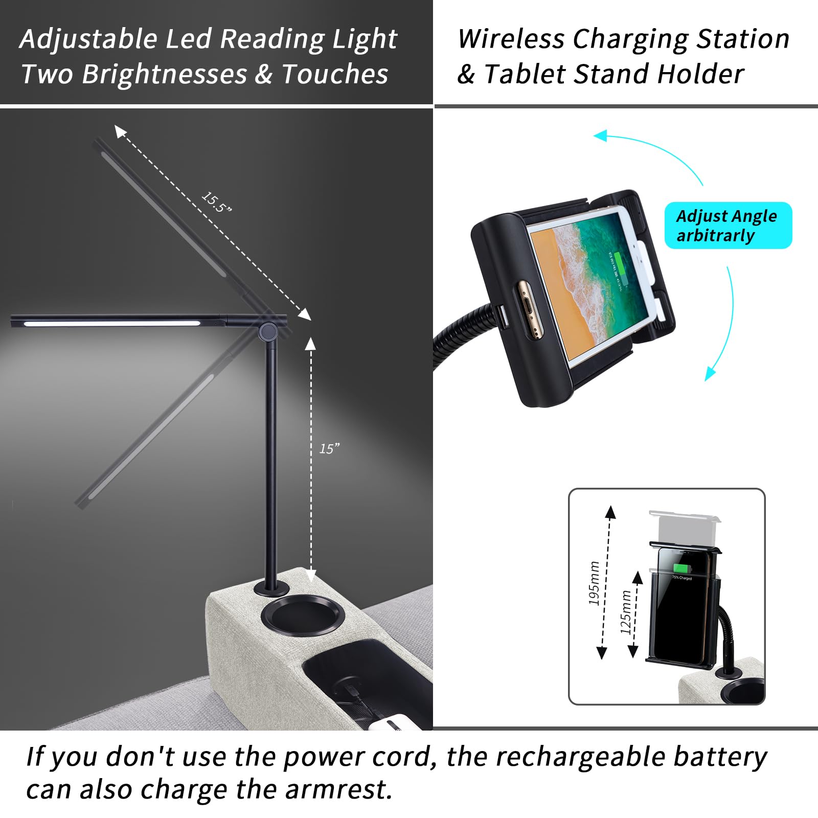 Multifunctional Removable Sofa Armrest with Cup Holder & Wireless Charger - Couch Caddy with Storage & LED Reading Light - Almond - Perfect for Living Room, Bedroom & Office Use