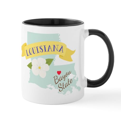 White/Black Inside - Louisiana Bayou State Outline Magnolia Flower Mugs