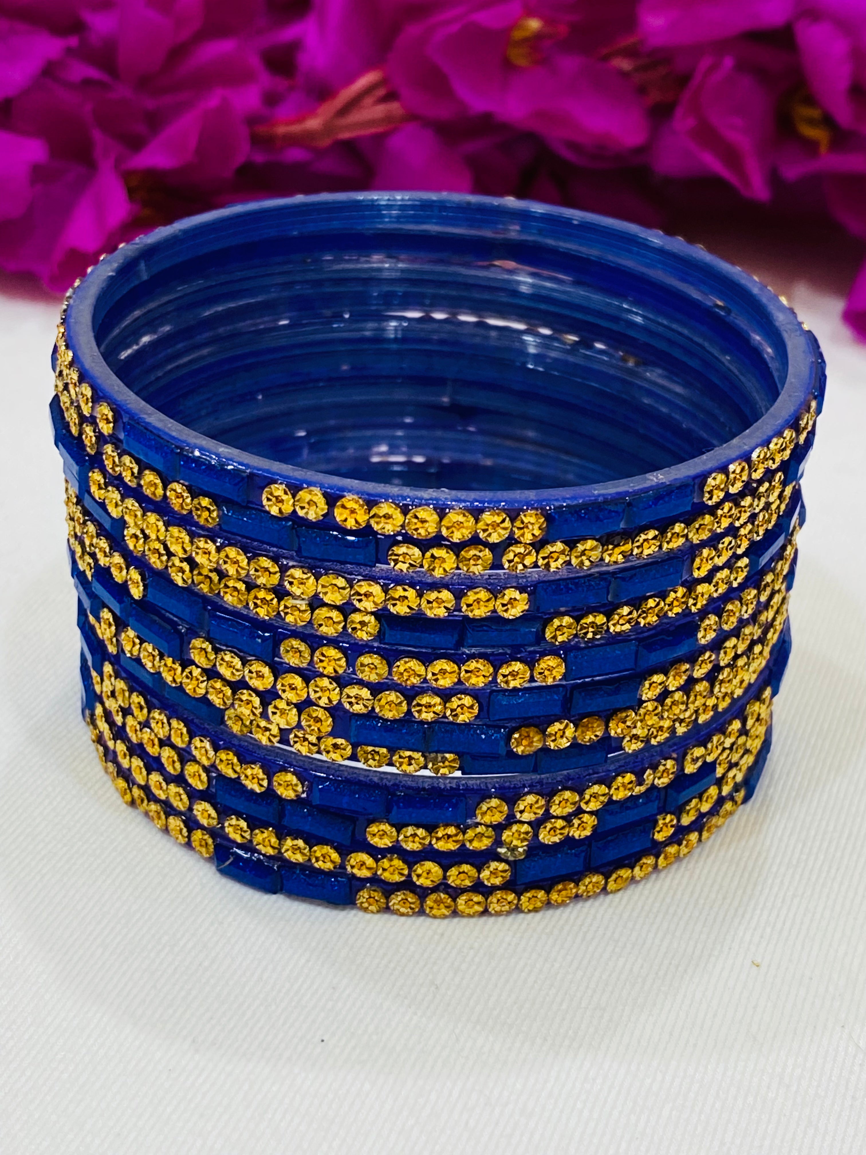 Elegant Blue Stone Design Glass Bangles for Women - Perfect for Weddings, Parties & Fashion Accessories