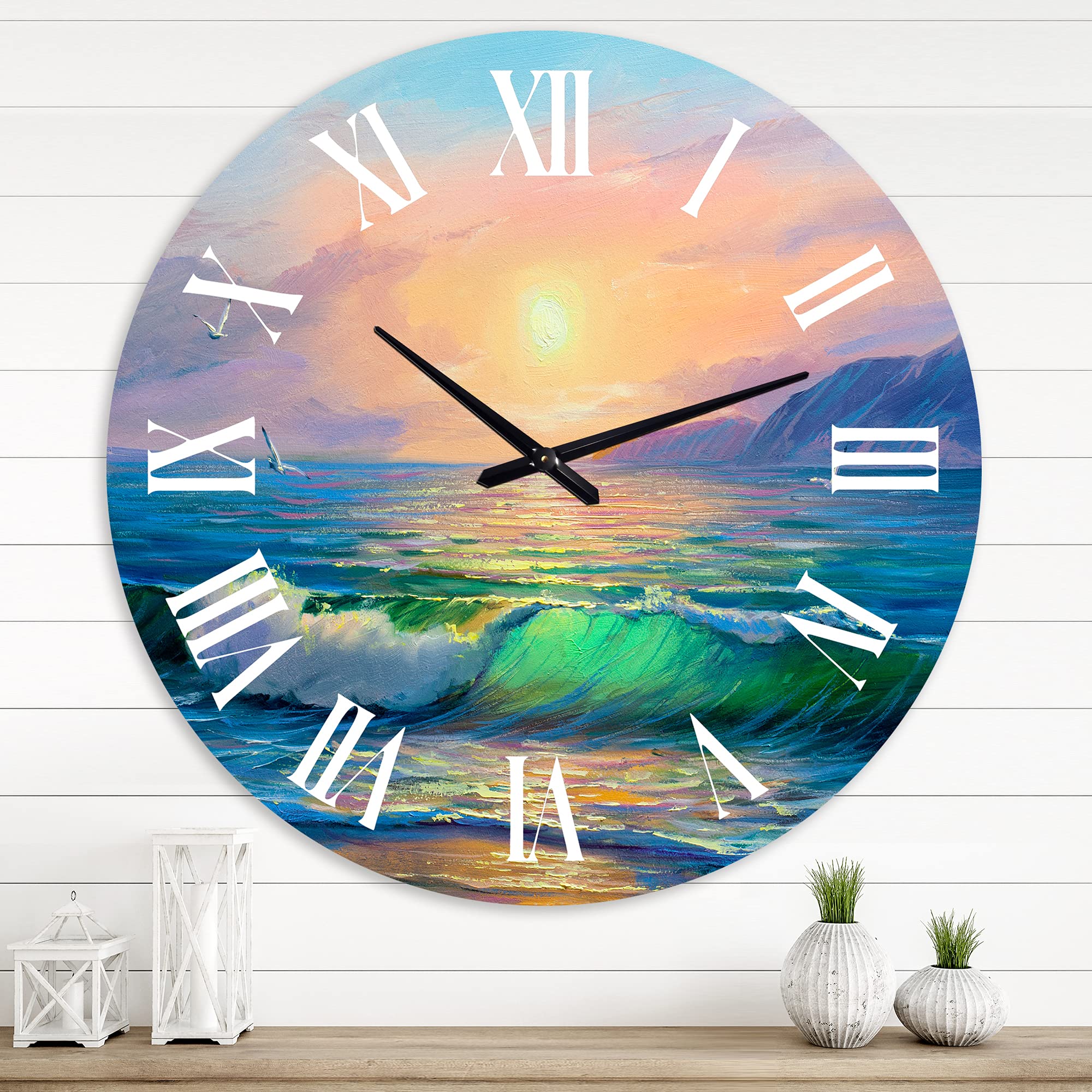 DesignQ Nautical Coastal Wall Clock - Blue Waves Beach Theme Round Clock for Home & Office Decor | Perfect for Living Room, Bedroom, or Coastal Style Interior Design