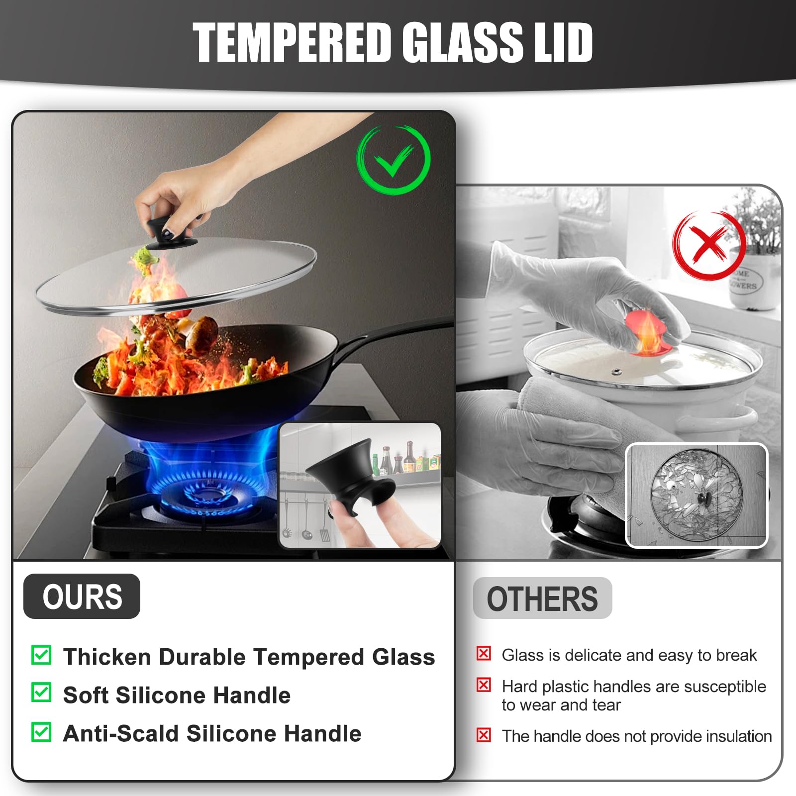 8 Inch Tempered Glass Pan Lid - Heat Resistant Replacement Cover for Cast Iron Skillets, Frying Pans & Woks - Clear Cooking View - Perfect for Sauteing, Simmering & Kitchen Safety