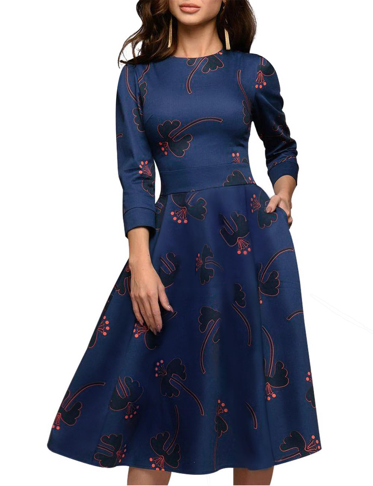 Vintage Floral Midi Dress for Women - Elegant 3/4 Sleeve Evening Gown | Perfect for Cocktail Parties, Weddings & Special Occasions