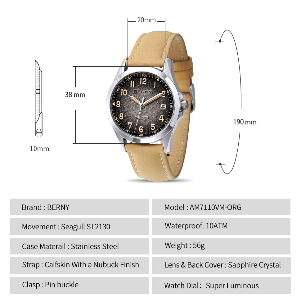 BERNY Men's Automatic Watch with Seagull ST2130 Movement - Leather Strap, Luminous Hands, 10ATM Waterproof, Sapphire Crystal Glass, Scratch Resistant - Perfect for Business, Casual & Outdoor Activities