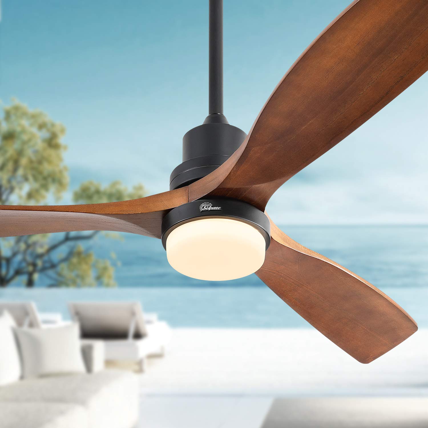 Sofucor 52 Inch Indoor/Outdoor Ceiling Fan with Light and Remote Control - 3 Wood Blades, Reversible DC Motor, 6 Speed Settings - Perfect for Patio, Farmhouse, Living Room, and Bedroom
