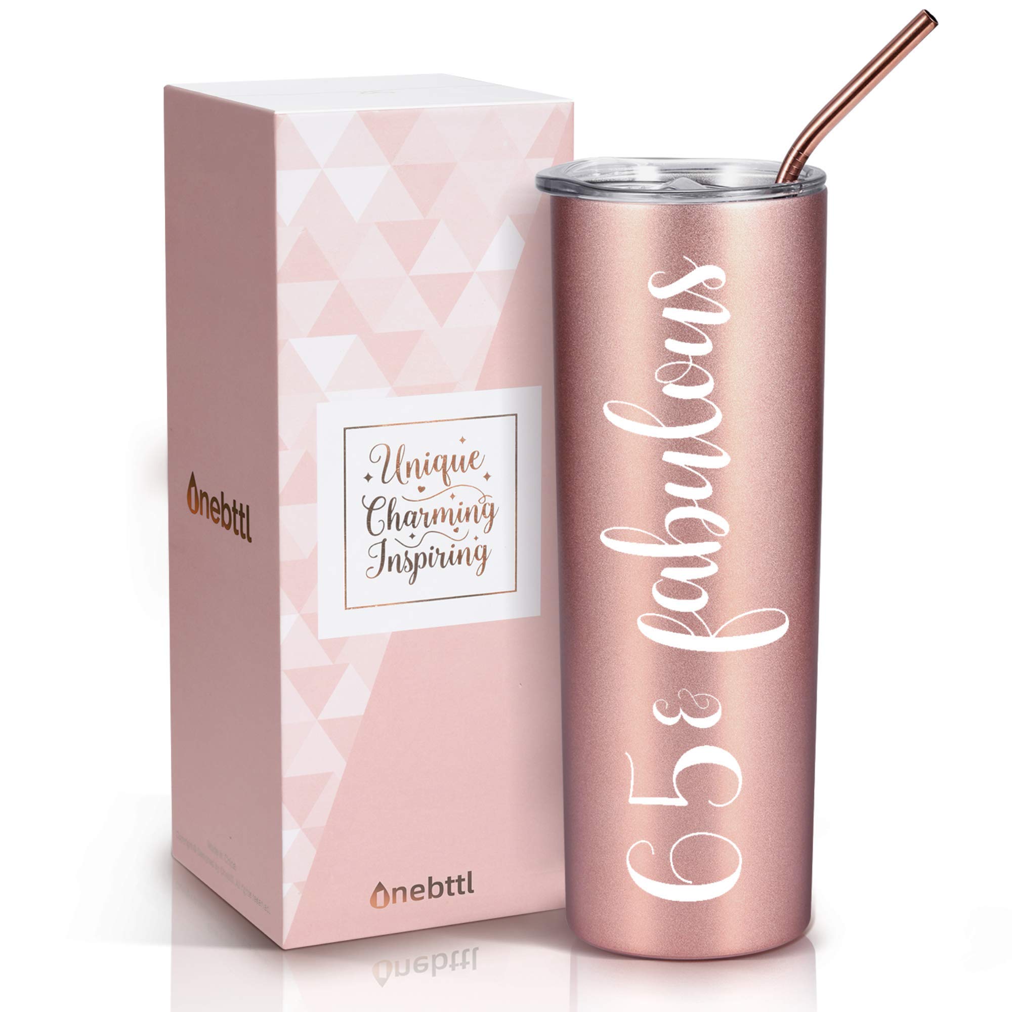 65th Birthday Gifts for Women - 20oz Insulated Stainless Steel Skinny Wine Tumbler | Rose Gold | Perfect for Mom, Best Friend, Sister, Aunt, Wife & Coworkers | Great for Wine, Cocktails & Outdoor Parties
