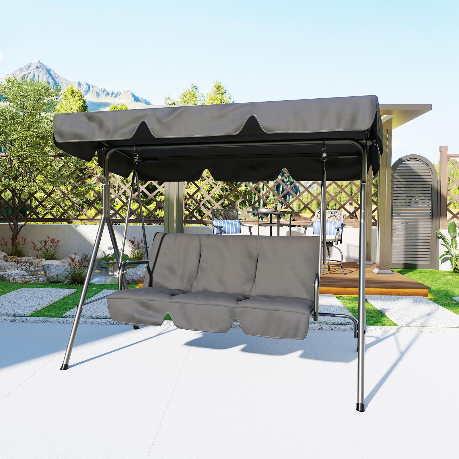 GARVEE 3-Person Patio Swing Chair with Convertible Canopy - Outdoor Hanging Glider Lounge Chair with Adjustable Tilt Shade for Porch, Garden, Backyard & Poolside Relaxation