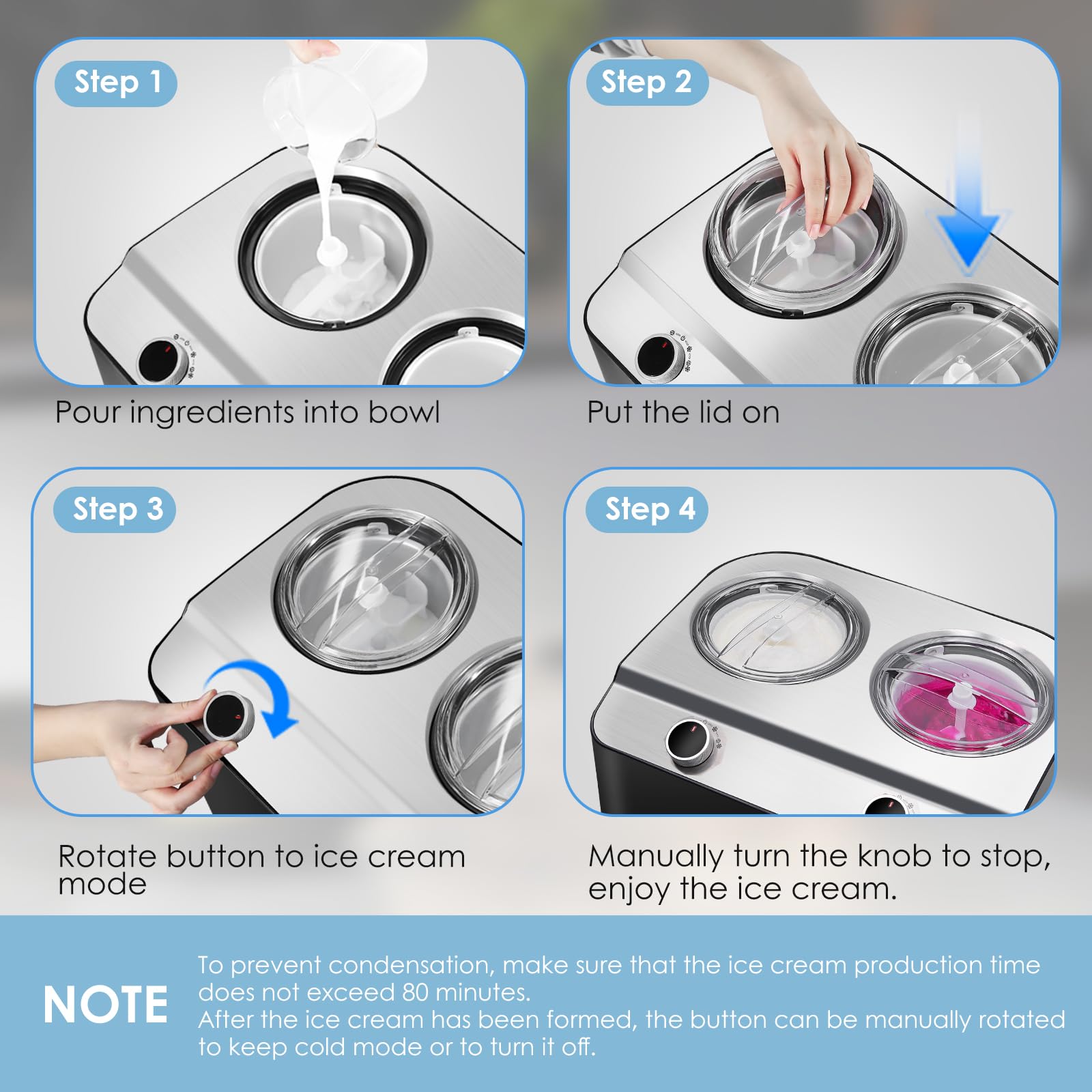 Homtone 2 Flavor Electric Ice Cream Maker with Compressor - 2.6QT (2 x 1.3QT) No Pre-Freezing Gelato & Sorbet Machine, 3 Modes & Keep Cool Function - Perfect for Home Parties, Summer Treats & Dessert Making
