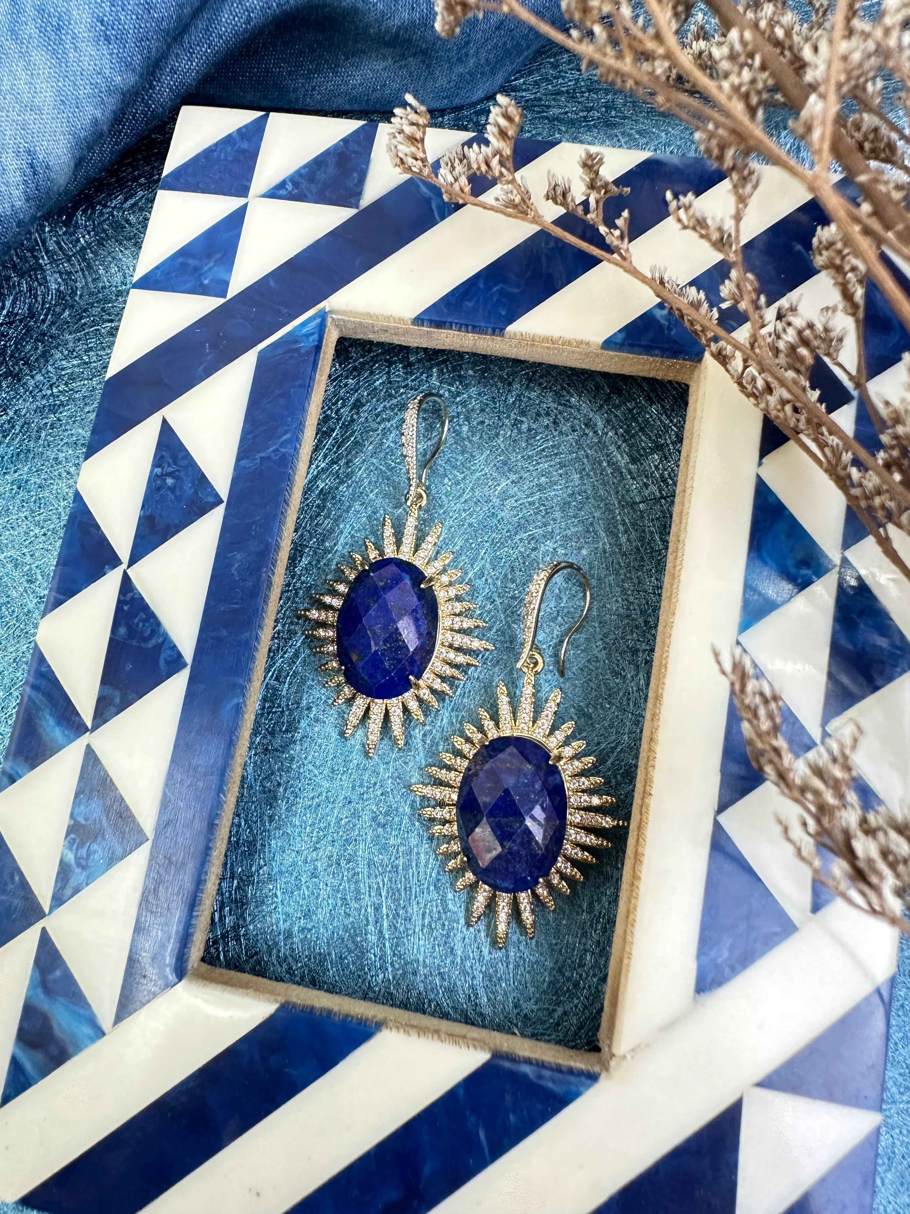 Lapis Statement Earrings KE011 - Elegant Blue Gemstone Dangle Earrings for Women | Perfect for Parties, Weddings & Special Occasions