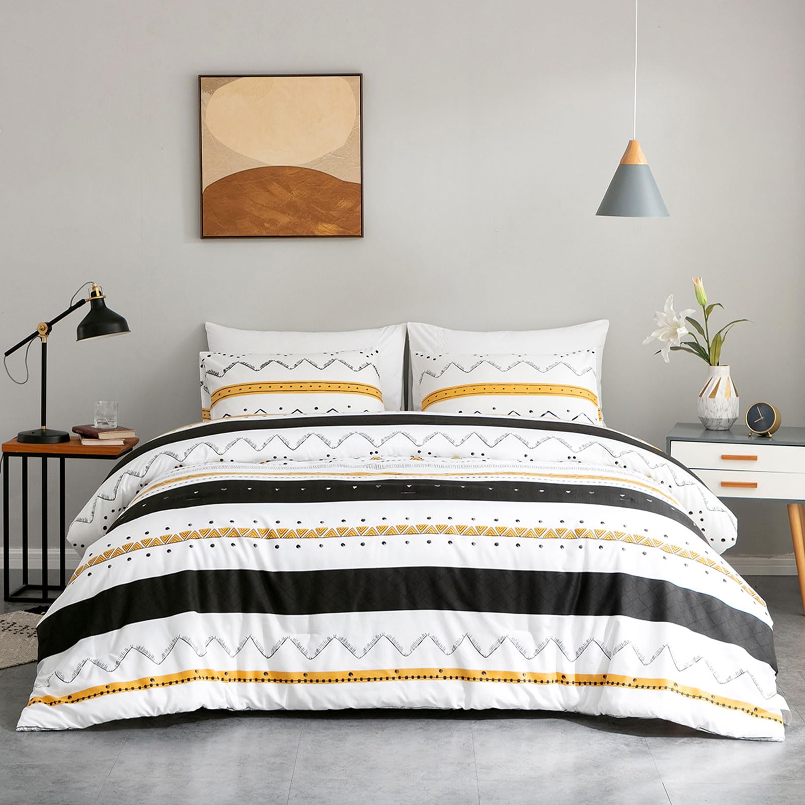 EAVD Modern Geometric Comforter Set Twin XL - Soft Microfiber Black & Yellow Reversible Bedding - All-Season Lightweight Comforter with 2 Pillowcases - Perfect for Kids, Teens & Guest Rooms - Geometric Pattern Home Decor for Modern Bedrooms