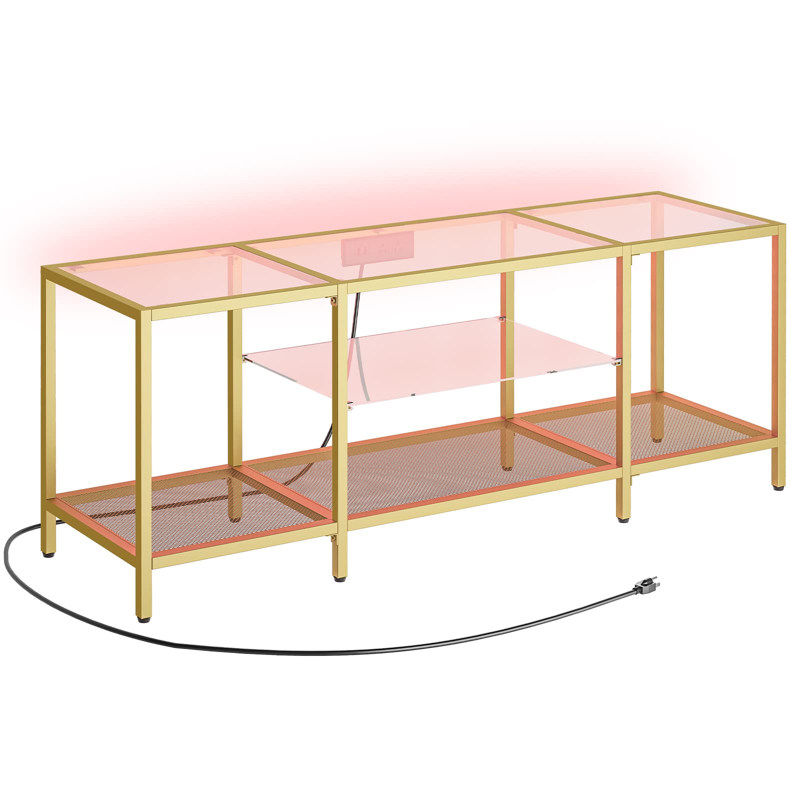 HOOBRO 65 Inch TV Stand with LED Lights & Power Outlets, Modern Tempered Glass TV Console Table with Open Shelves, Media Entertainment Center for Living Room - Gold (GD145UDS01) | Perfect for Home Theater Setup & Living Room Decor