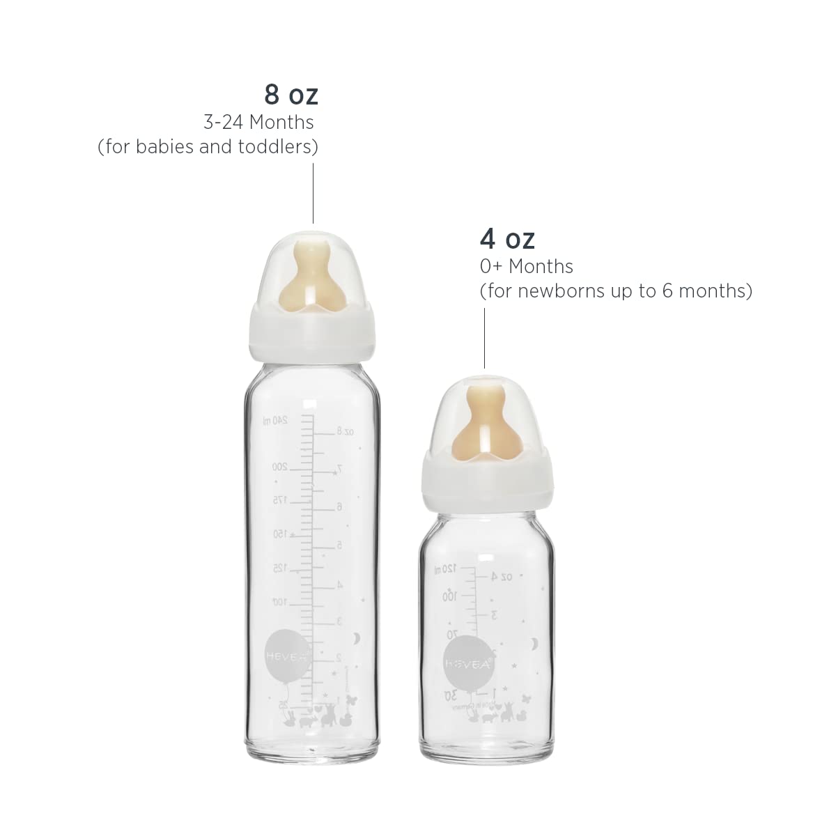 HEVEA Standard Neck Glass Baby Bottles - Medium Flow Anti Colic Baby Bottles for Newborns 3-24 Months - BPA-Free, Eco-Friendly, 8 Oz Two-Pack - Perfect for Breastfeeding, Formula Feeding & Travel