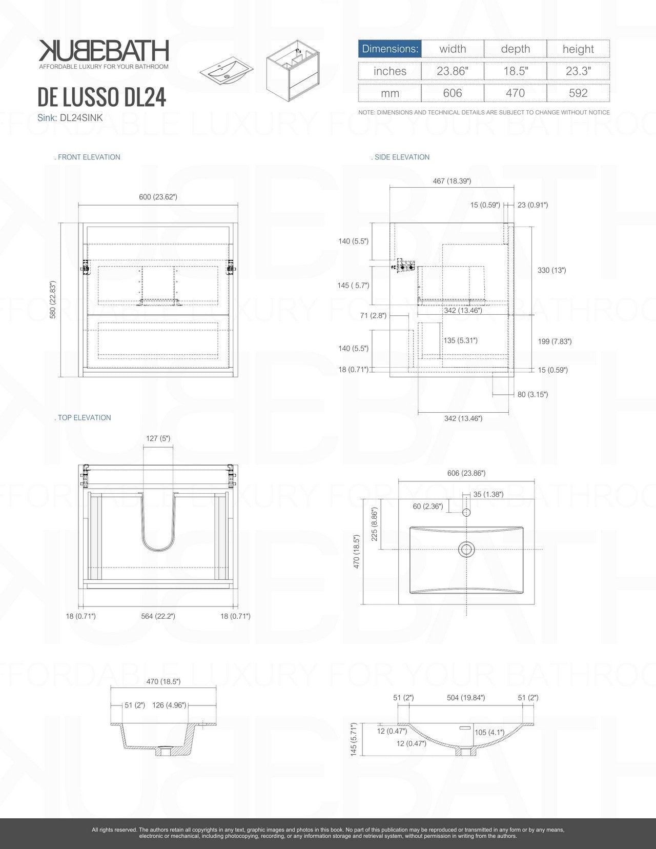 DL24HG 24 Inch Modern Wall Mount Bathroom Vanity in Ash Gray - Perfect for Small Bathrooms, Powder Rooms & Contemporary Home Decor