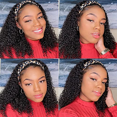 Brazilian Virgin Human Hair Headband Wig 10 Inch - Water Wave Curly Pre Plucked with Baby Hair 150% Density 9A Unprocessed for Black Women | Natural Color No Lace Front | Perfect for Daily Wear, Parties & Protective Styling