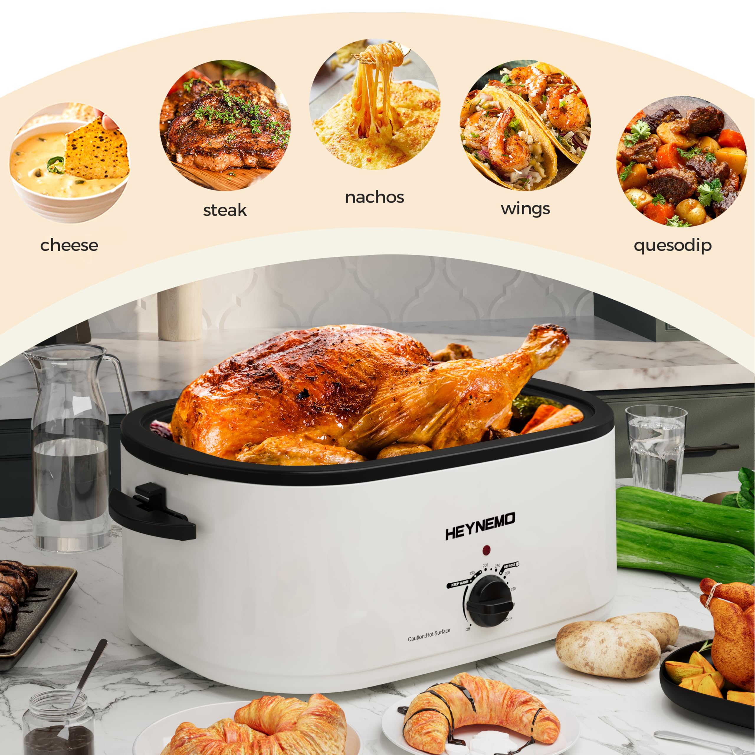 26 Quart Stainless Steel Electric Roaster Oven with Visible Self-Basting Lid, Large Turkey Roaster with Defrost & Warm Function, Adjustable Temperature & Removable Pan Rack, White - Perfect for Holiday Feasts & Family Gatherings