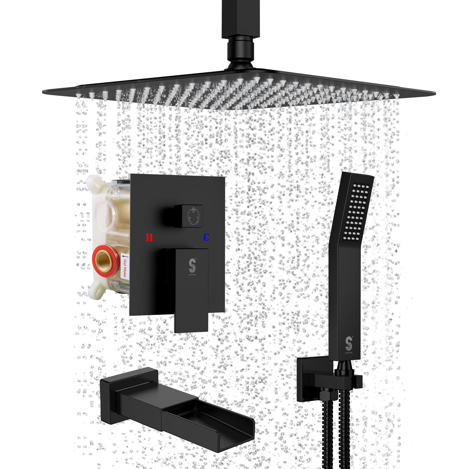 SR SUN RISE 12 Inch Modern Shower System with Tub Spout - All Metal Square Rainfall Shower Head & Handheld Shower Combo, 1.8GPM Flow Rate, Matte Black Finish - Includes Valve & Trim Kit for Bathroom Renovation & Luxury Spa Experience