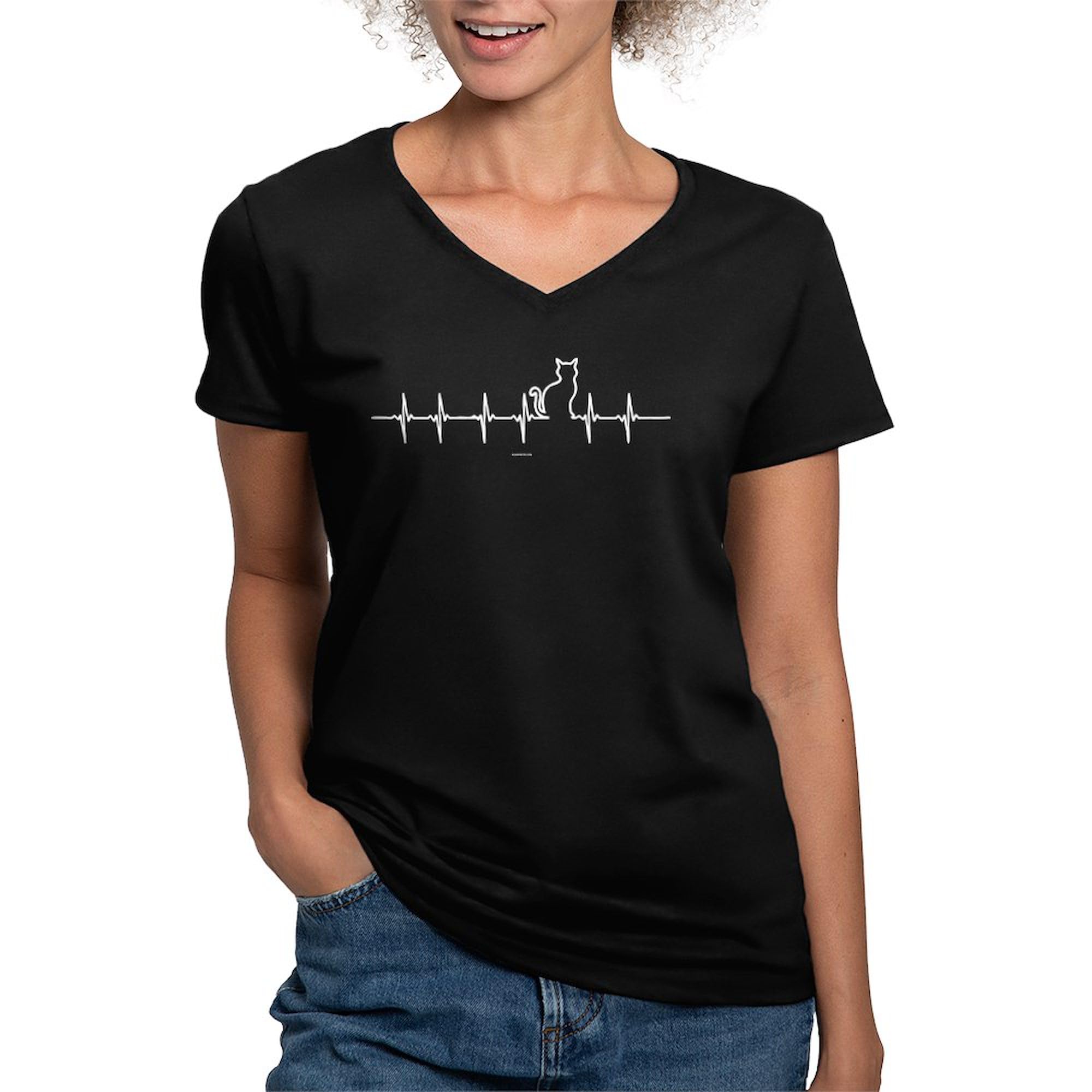 Cat Heartbeat Graphic Women's Cotton V-Neck T-Shirt - Soft & Comfortable Casual Wear for Cat Lovers - Perfect for Everyday Outfits, Gifts & Cat-Themed Events