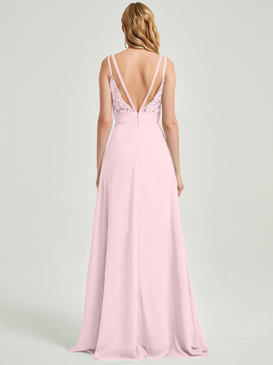 Elegant Blush Spaghetti Strap V-Neck Lace Chiffon Bridesmaid Dress with Thigh High Slit - Perfect for Weddings, Prom, and Formal Events