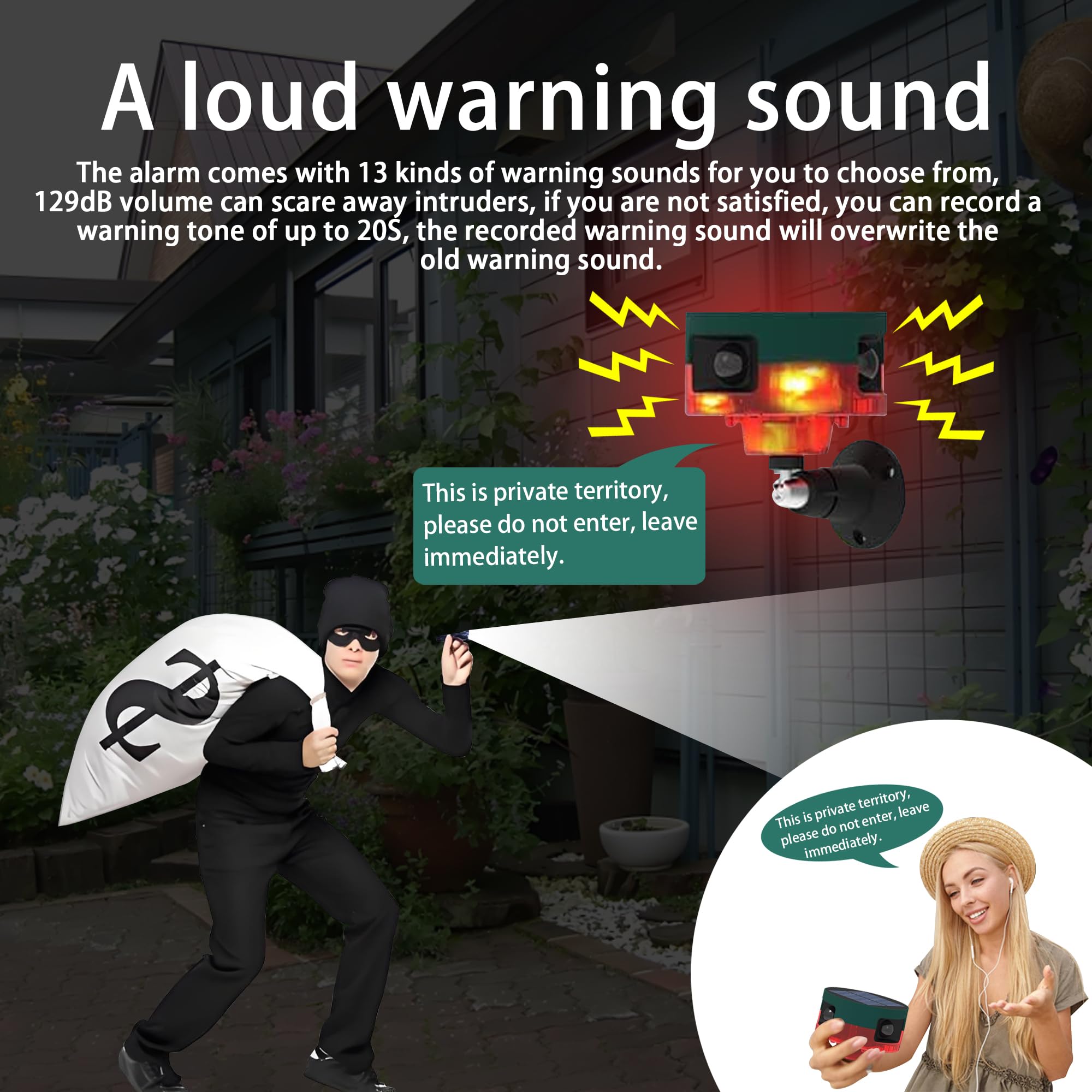 QXMH Solar-Powered Motion Sensor Alarm with 129dB Loud Siren - Dog Barking & Gunshot Sounds, 13 Sound Options, Strobe Light, USB Charging & Recording Function - Ideal for Outdoor Security, Home Protection, and Deterring Intruders