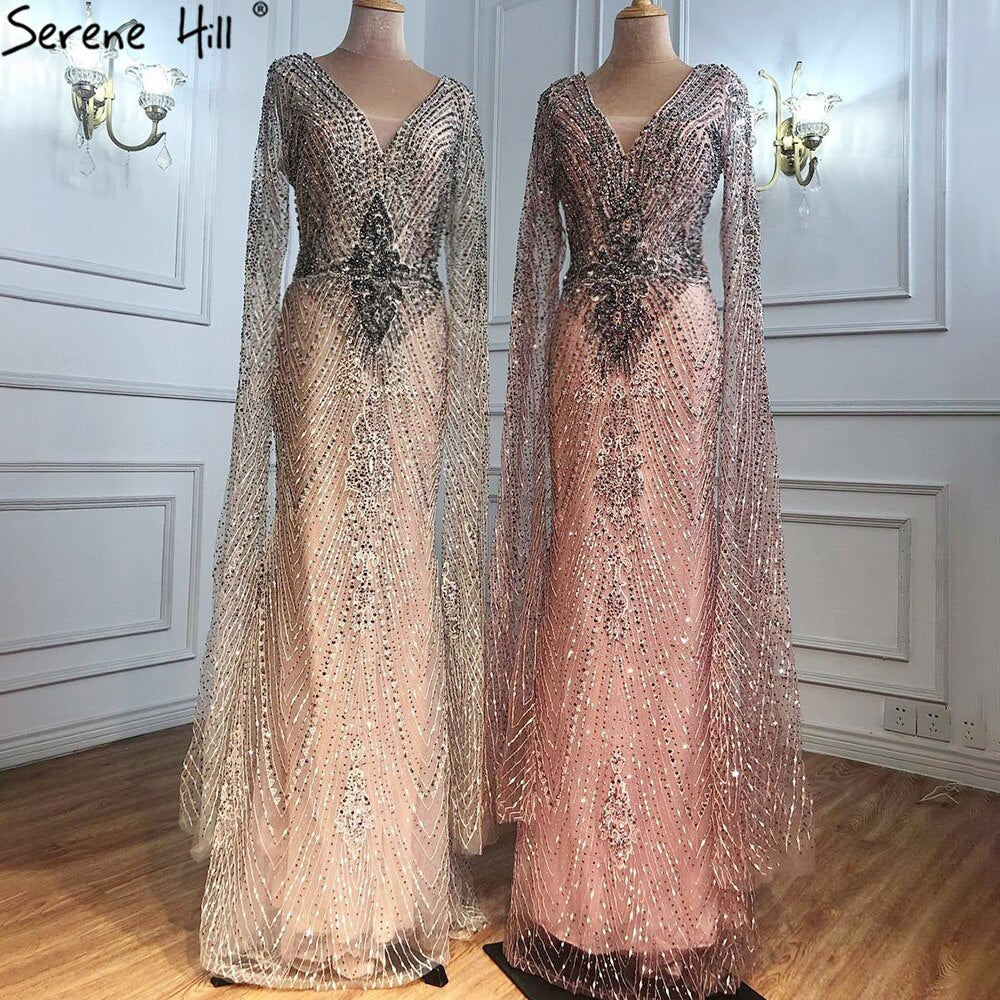 Serene Hill Luxury Grey Lace Elegant Mermaid Evening Gown with Cape Sleeves - Women's Sexy Formal Dress for Prom, Wedding, Gala & Special Occasions