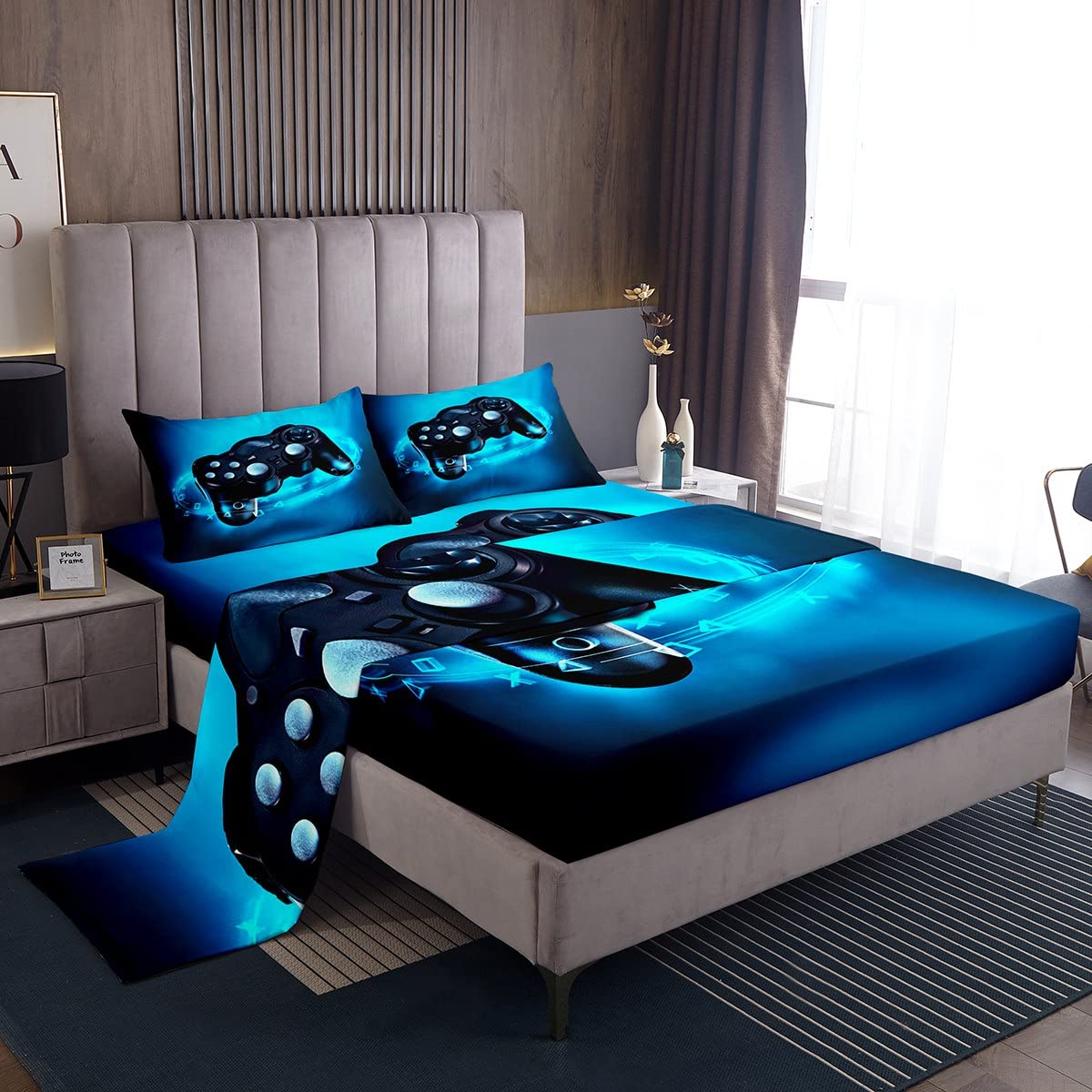 Full Size Gaming Bedding Set for Boys & Teens - Lightweight Breathable Video Game Themed Sheet Set (1 Fitted Sheet, 1 Flat Sheet, 2 Pillowcases) - Perfect for Game Rooms, Kids' Bedrooms & Sleepovers