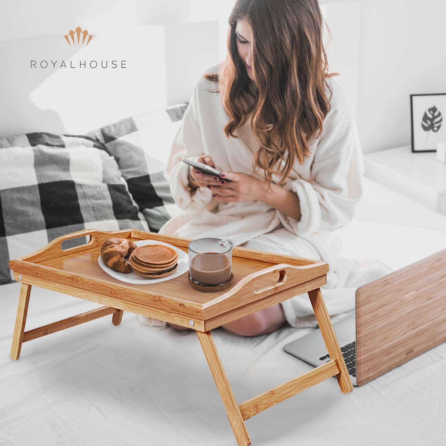 RoyalHouse Premium Bamboo Bed Tray with Folding Legs - Portable Breakfast Lap Tray for Eating, Working & Reading in Bed - Perfect for Home, Office & Travel Use