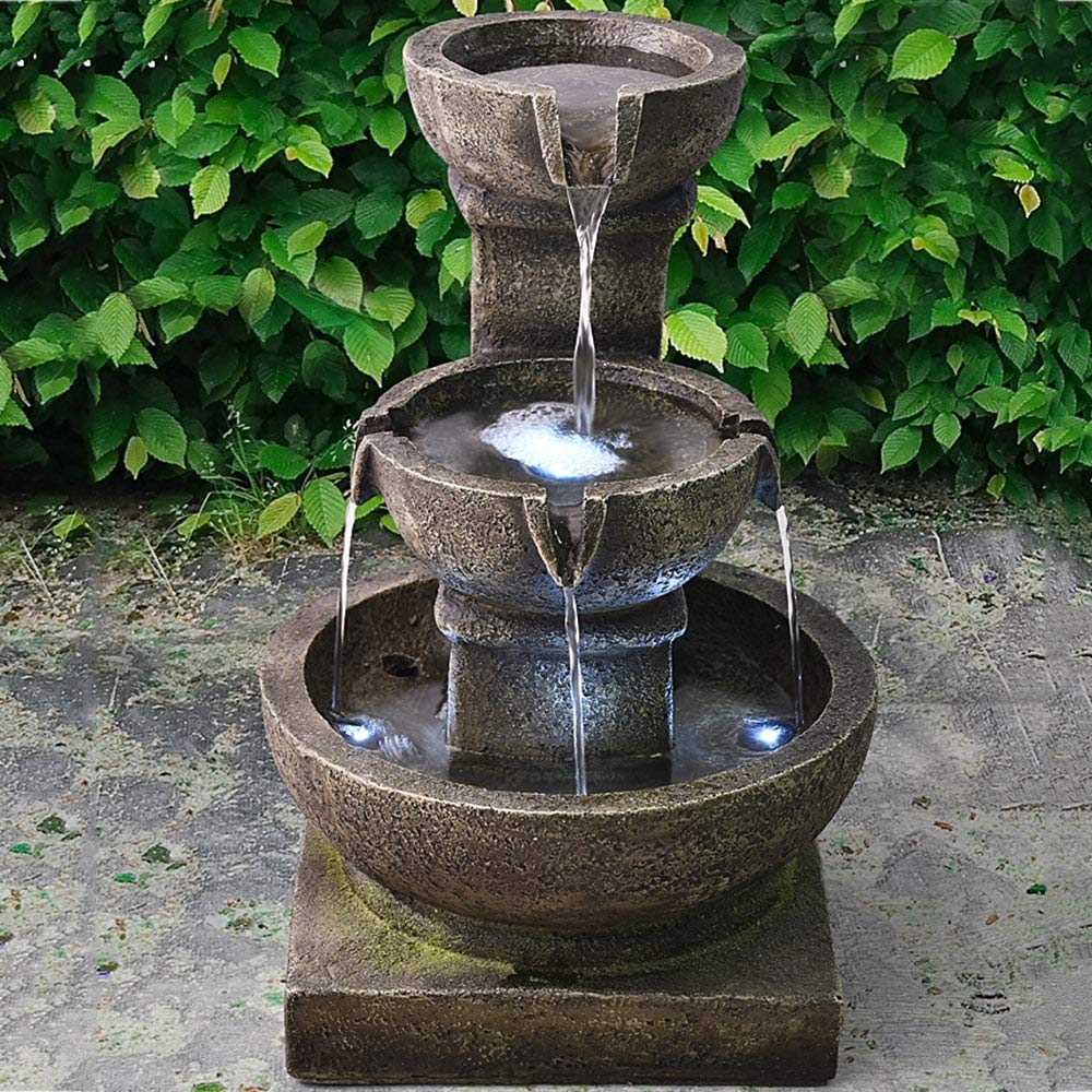 Outdoor Waterfall Fountain with LED Lights - Grey Modern Contemporary Polyresin Decor for Garden, Patio, and Backyard Relaxation
