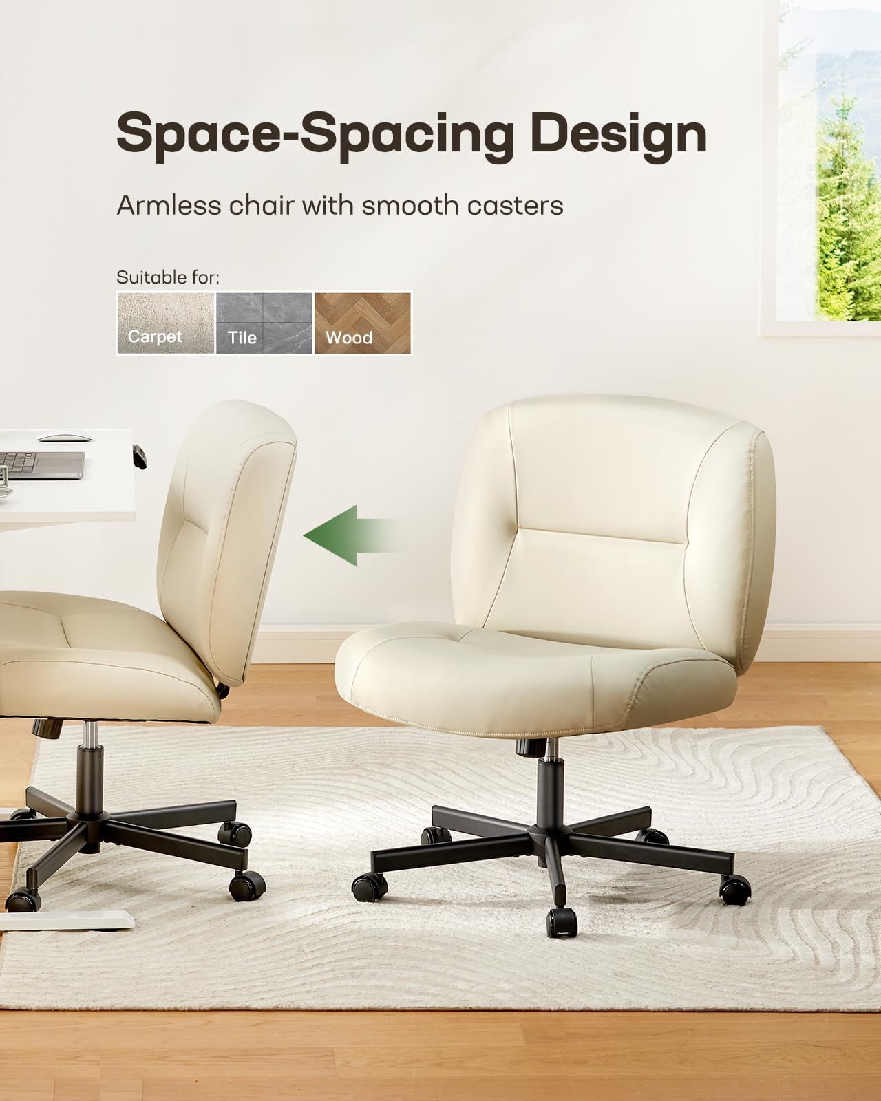 Marsail Criss Cross Chair with Wheels - Wide Mid-Back Armless Office Chair, Scratch-Resistant PVC Leather Cross Legged Desk Chair, Height Adjustable Computer Chair for Home Office - Perfect for Work, Study, and Relaxation