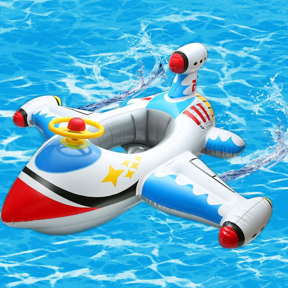 Baby Inflatable Pool Float Airplane Swim Float for Toddlers - Cute Boat with Steering Wheel & Horn, Summer Beach Pool Toys for Boys Girls, Outdoor Water Play, White