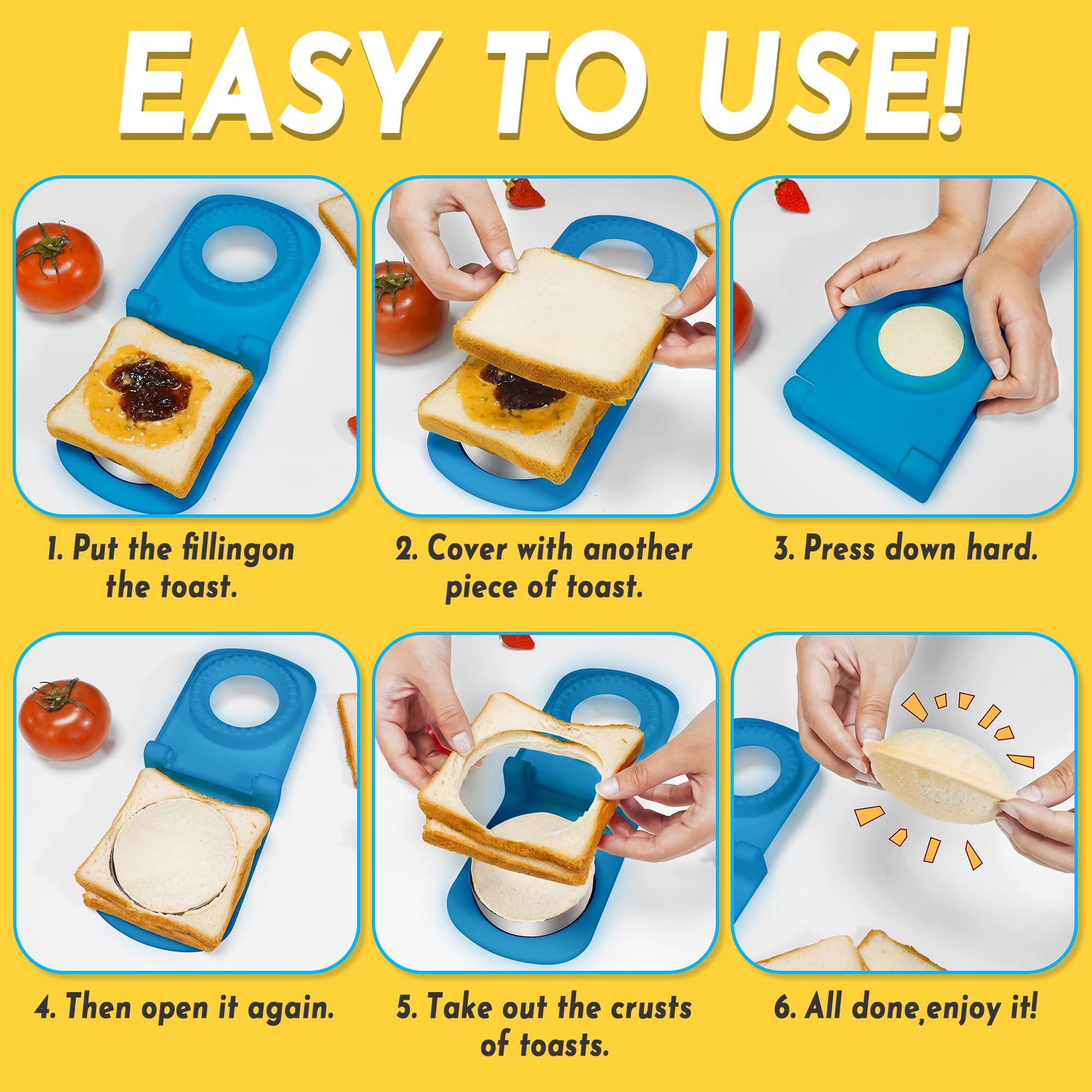 HiYZ Stainless Steel Sandwich Cutter & Sealer - Crustless Sandwich Maker for PB&J, Bread, Pancakes - Kids Safe Cookie Cutter for School Lunches, Picnics & Family Breakfasts
