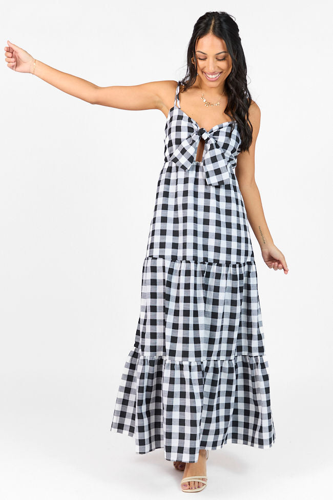 Black and White Gingham Tie Front Maxi Dress - Women's Summer Flowy Long Dress with Side Slits | Perfect for Beach Vacations, Date Nights & Outdoor Parties